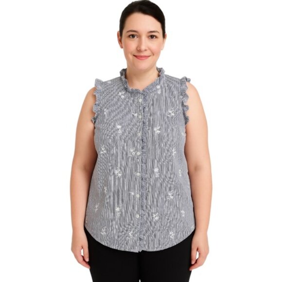 Talbots xl Blue White Striped Sleeveless Ruffle Detail Button Down Shirt - Picture 1 of 6